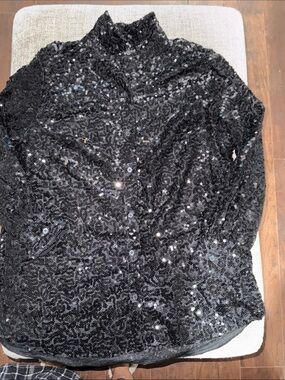 Divide by H&M Black Sequin Long Sleeve Mock Neck Top Button Down